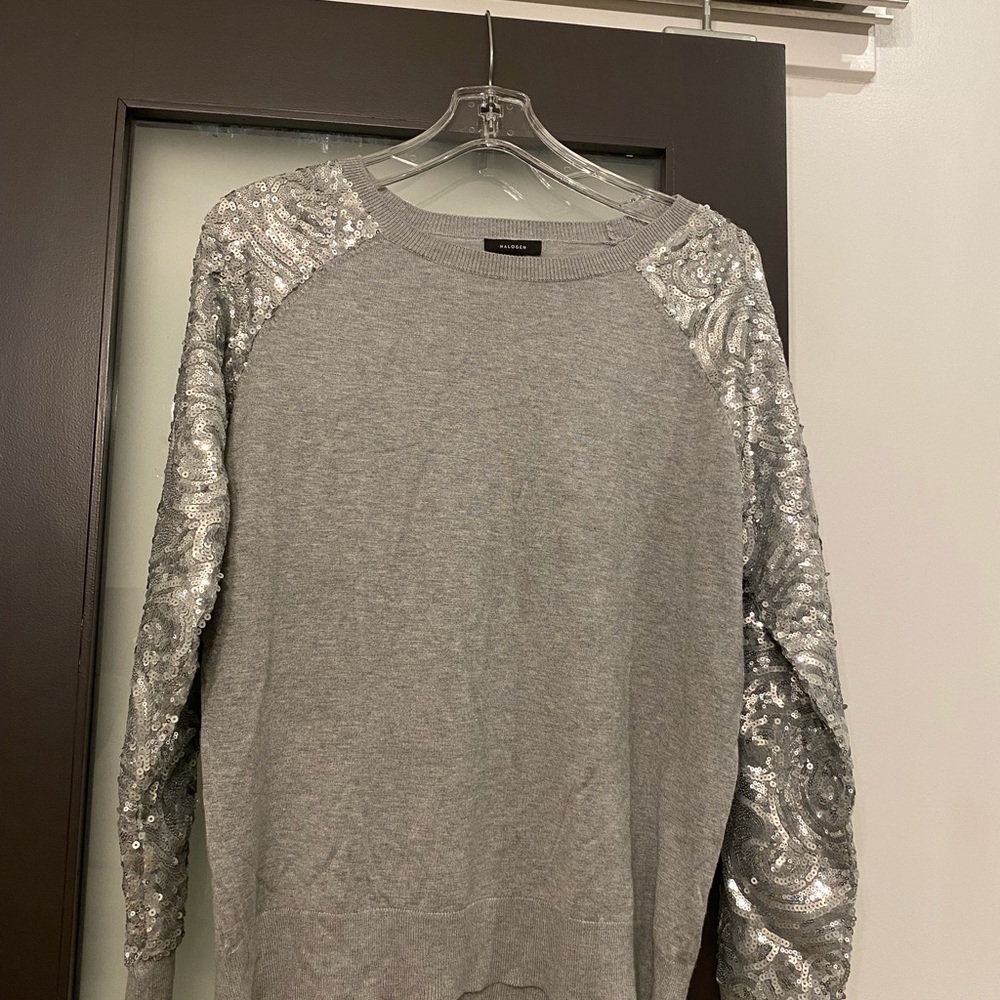 Grey Sweater with sequinned sleeves. Medium. Great for any festive event!